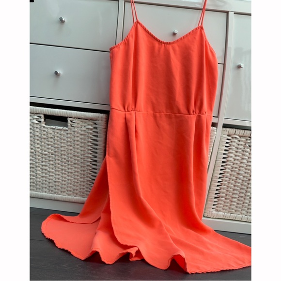 Sophia Neon Peach Pink Wrap Side Slit Asymmetrical Midi Dress - Picture 2 of 13